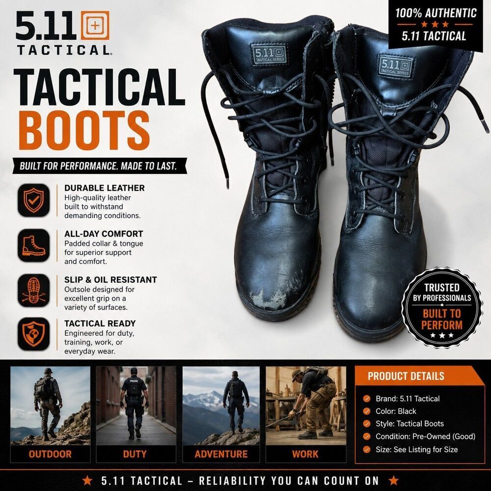 5.11 Tactical ATAC Storm 8" Side Zip Boots Men's 9.5 W Black Duty Tactical 12004